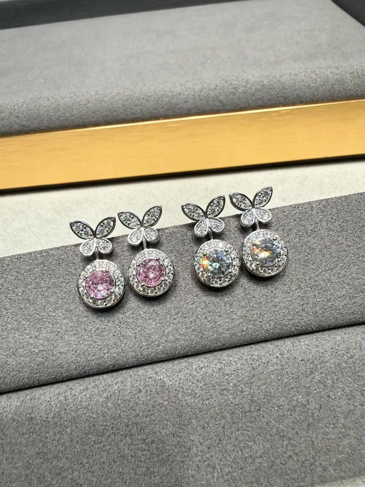 Silver Pink Butterfly-Top Halo-Set Earrings 6