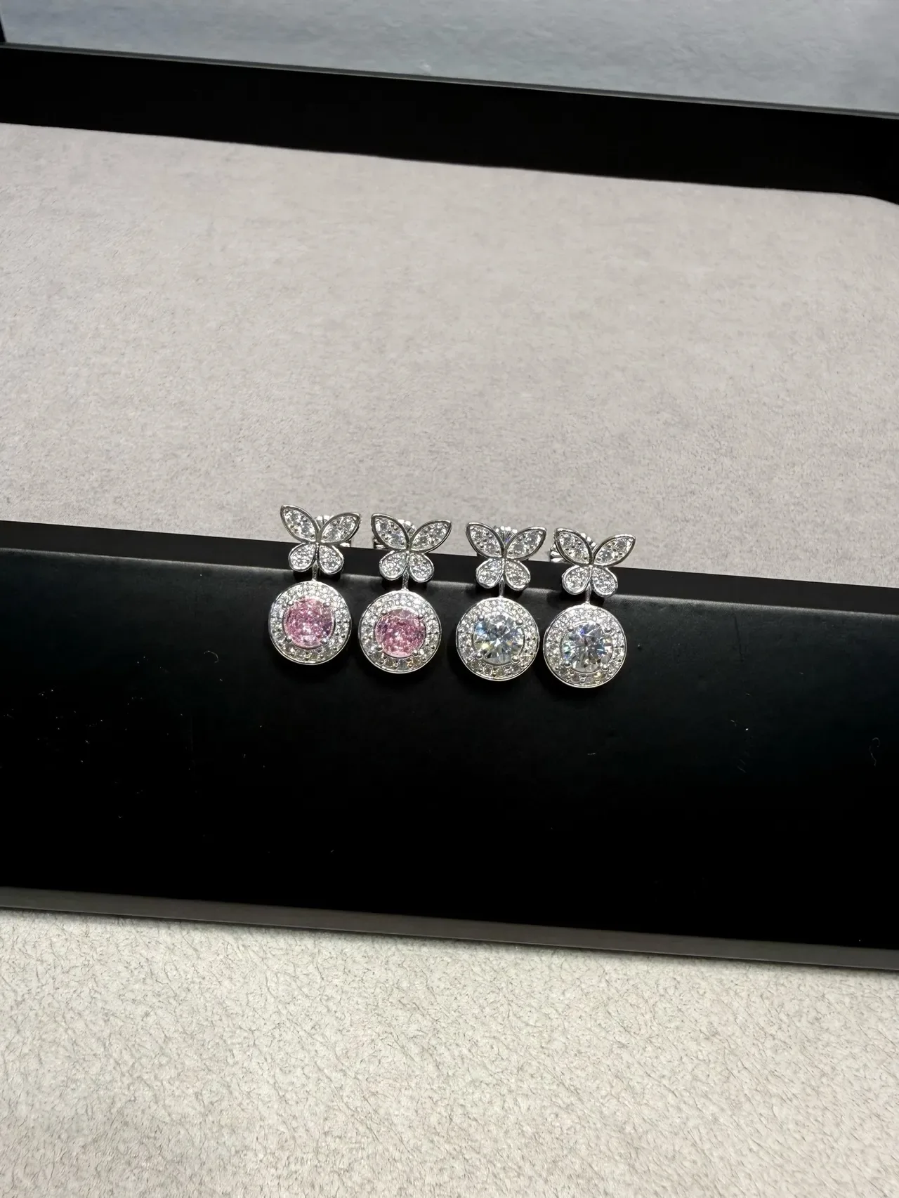 Silver Pink Butterfly-Top Halo-Set Earrings 9