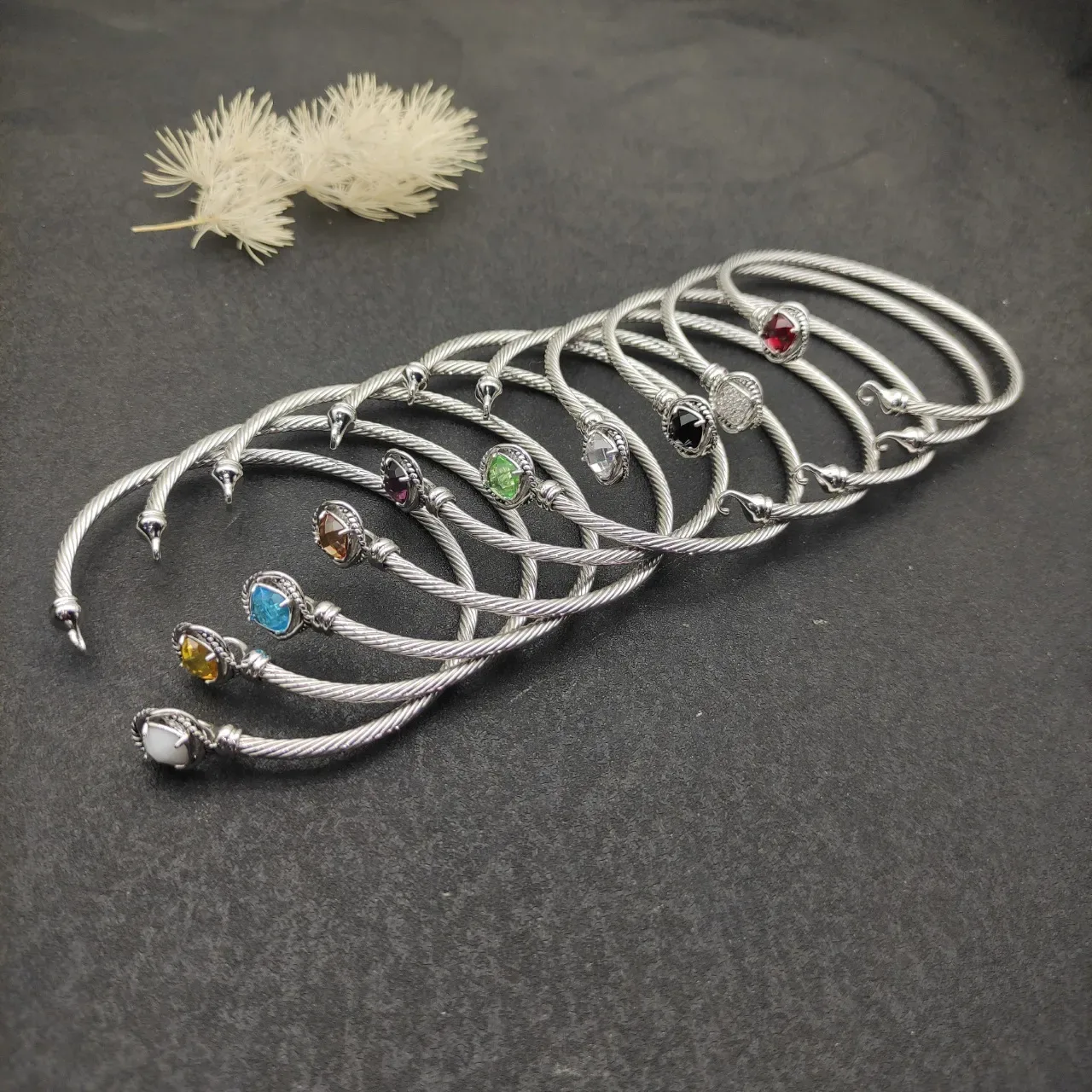 Silver Pink Cable-Wire Construction Faceted Cushion-Cut Stone Bracelet 2