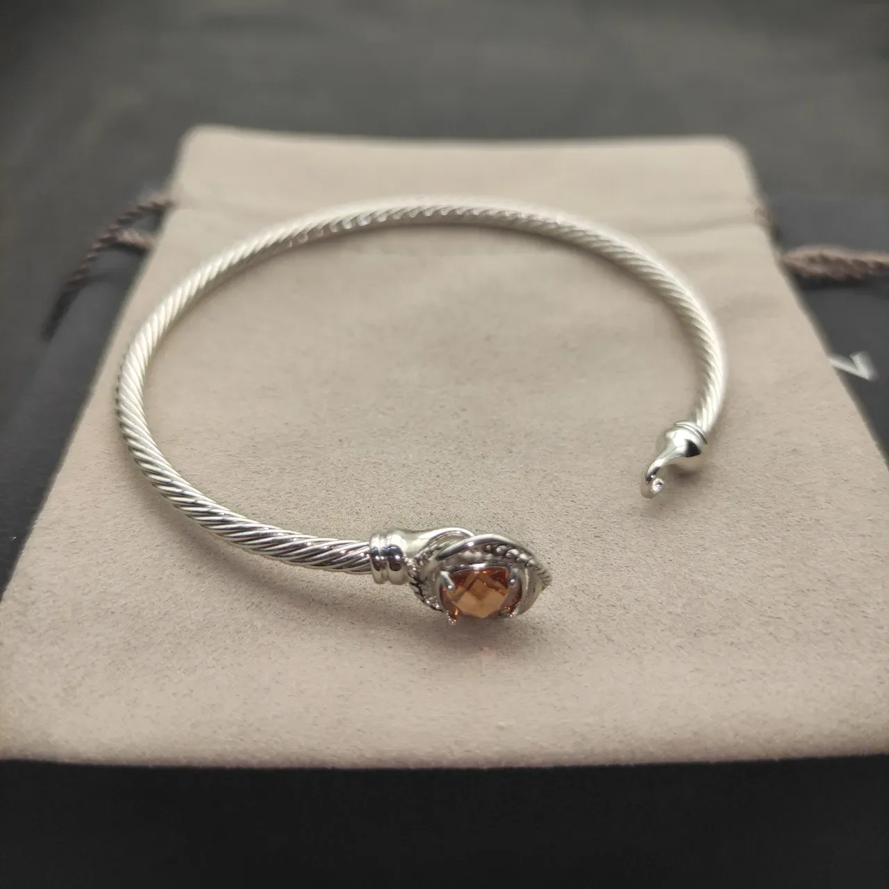 Silver Pink Cable-Wire Construction Faceted Cushion-Cut Stone Bracelet 7
