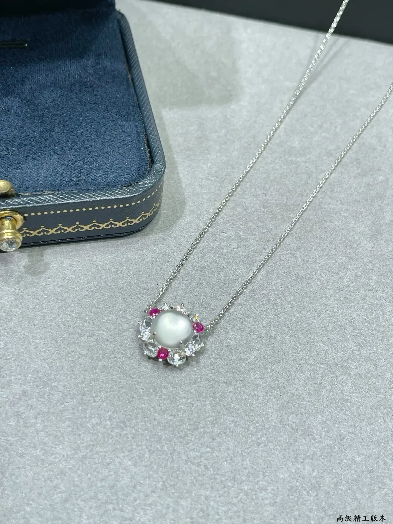 Silver Pink Floral Halo Setting Cabochon Central Stone Necklace 5