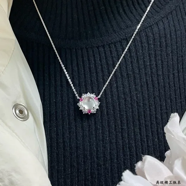 Silver Pink Floral Halo Setting Cabochon Central Stone Necklace 9