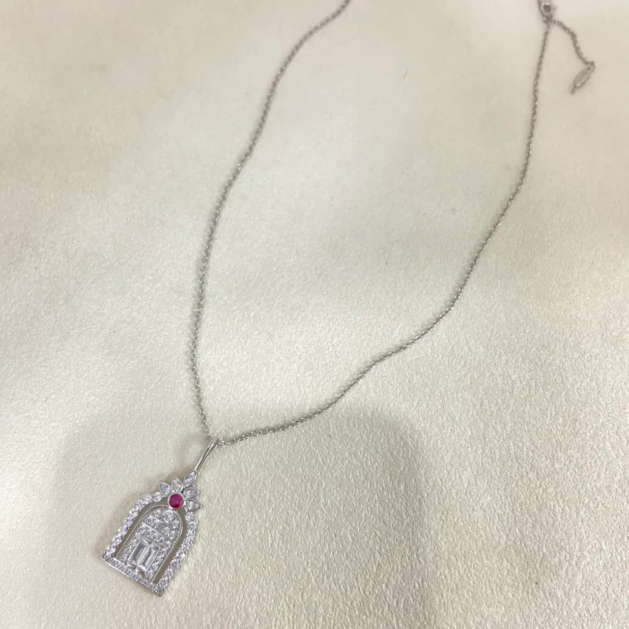 Silver Red Arched Architectural Pendant Pavé-Set Diamonds Necklace 3