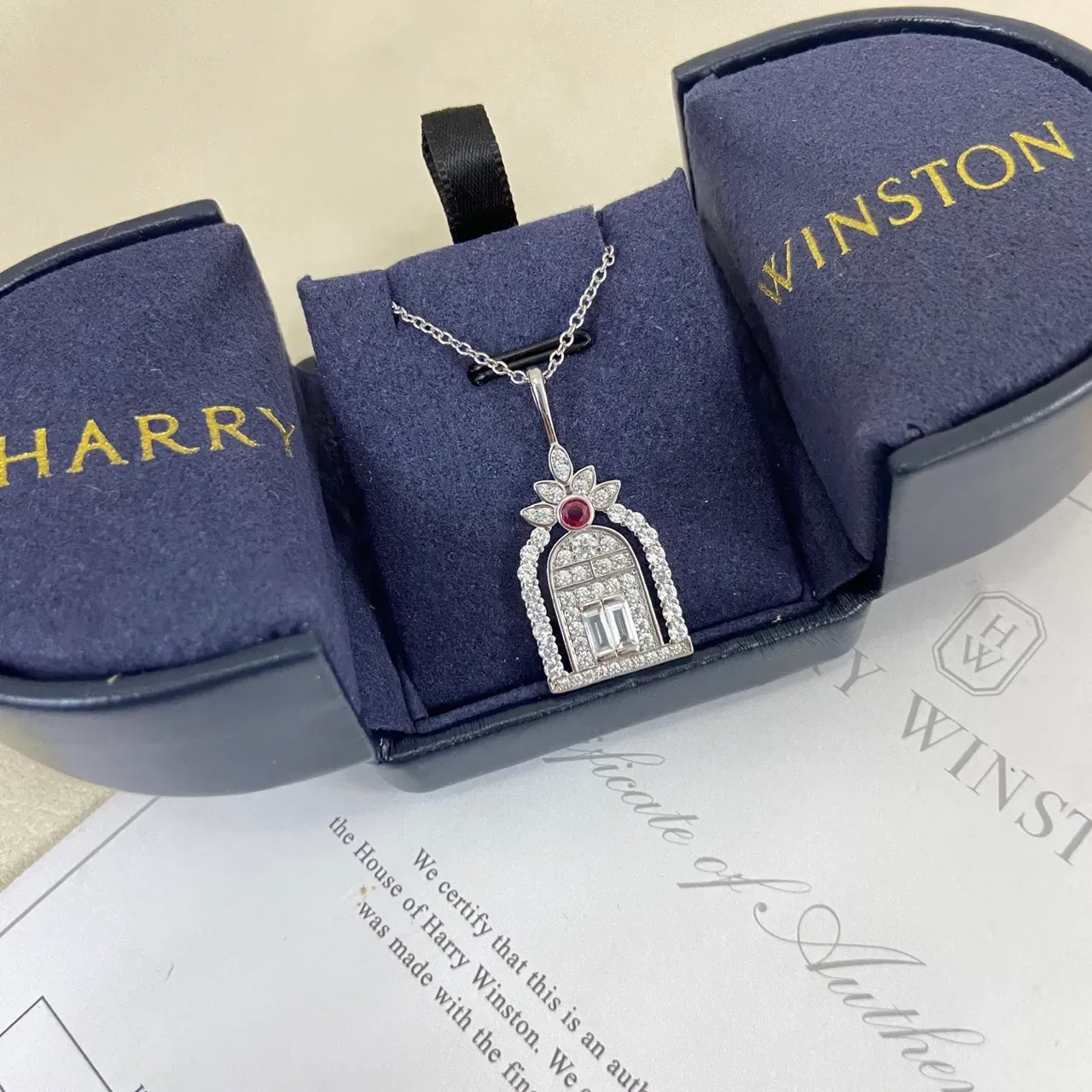 Silver Red Arched Architectural Pendant Pavé-Set Diamonds Necklace 4
