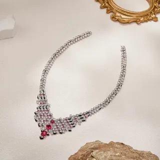 Collar Bib Plata Rojo Geométrico Pavé Cadena Doble