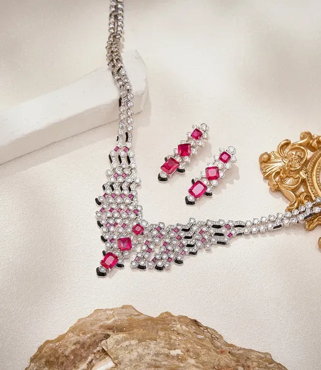 Silver Red Geometric Pavé Bib Double-Strand Chain Necklace 3