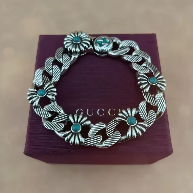 Silver-Tone Floral Turquoise Stone Chain Necklace 6