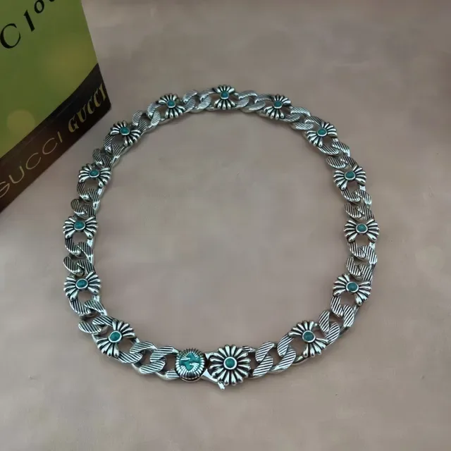 Silver-Tone Floral Turquoise Stone Chain Necklace 8