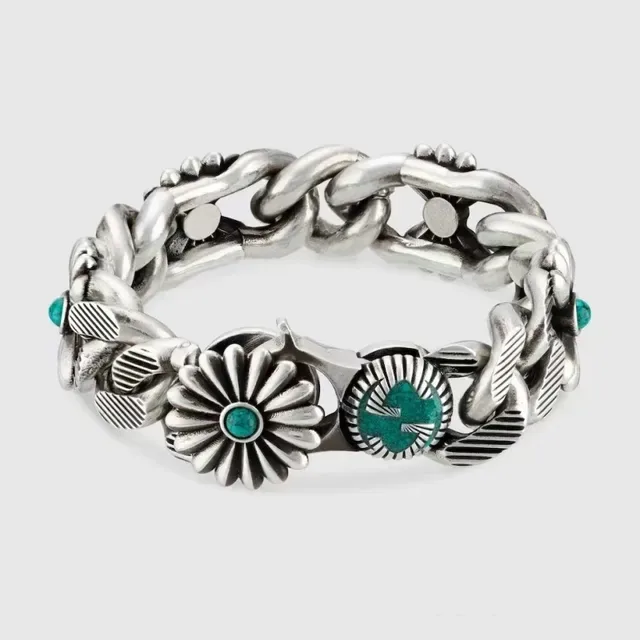Silver-Tone Floral Turquoise Stone Chain Necklace 9