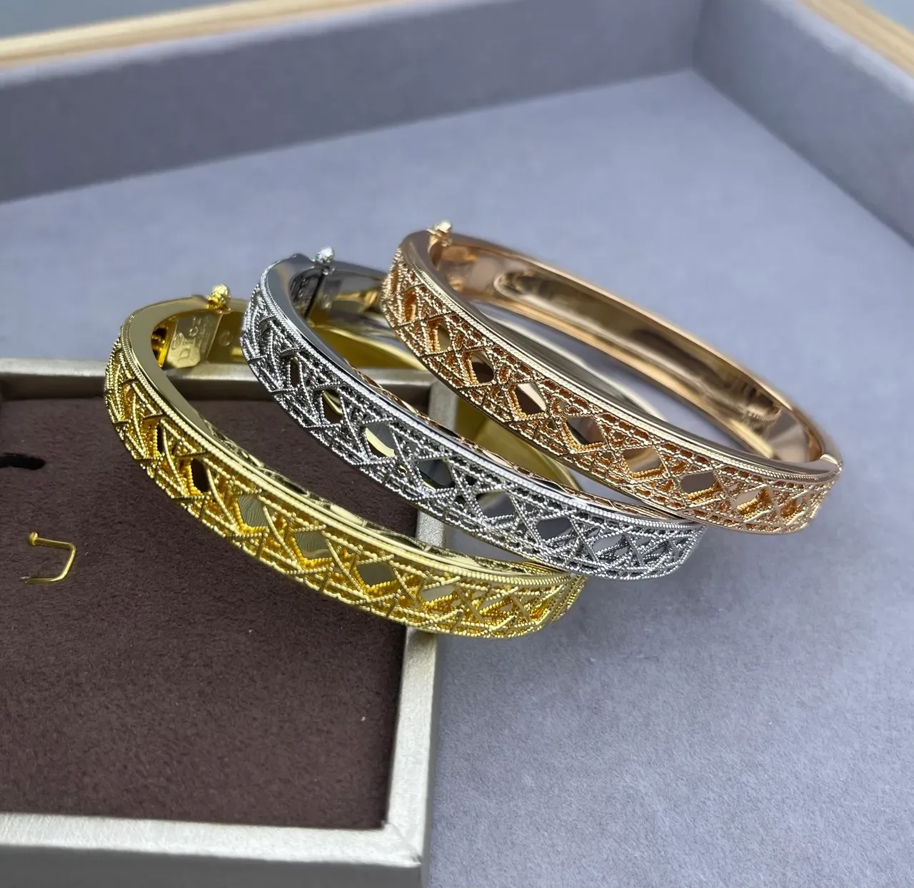 Silver Tone Gold Tone Rose Gold Tone Openwork Lattice Bangle Bracelets 2
