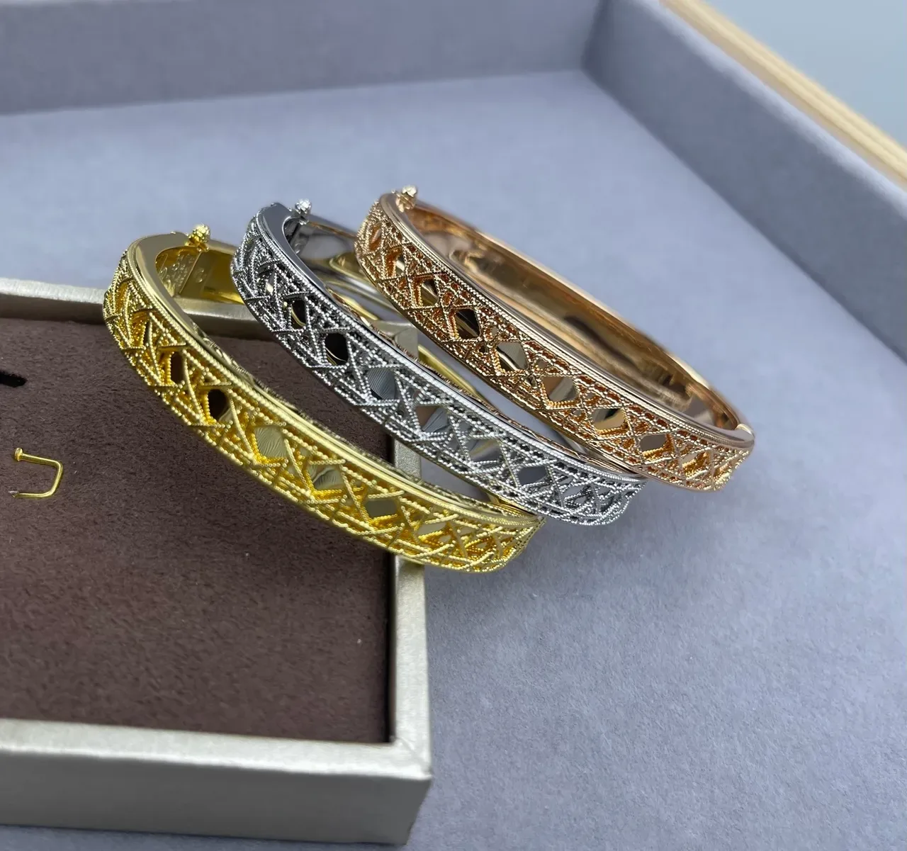 Silver Tone Gold Tone Rose Gold Tone Openwork Lattice Bangle Bracelets 3