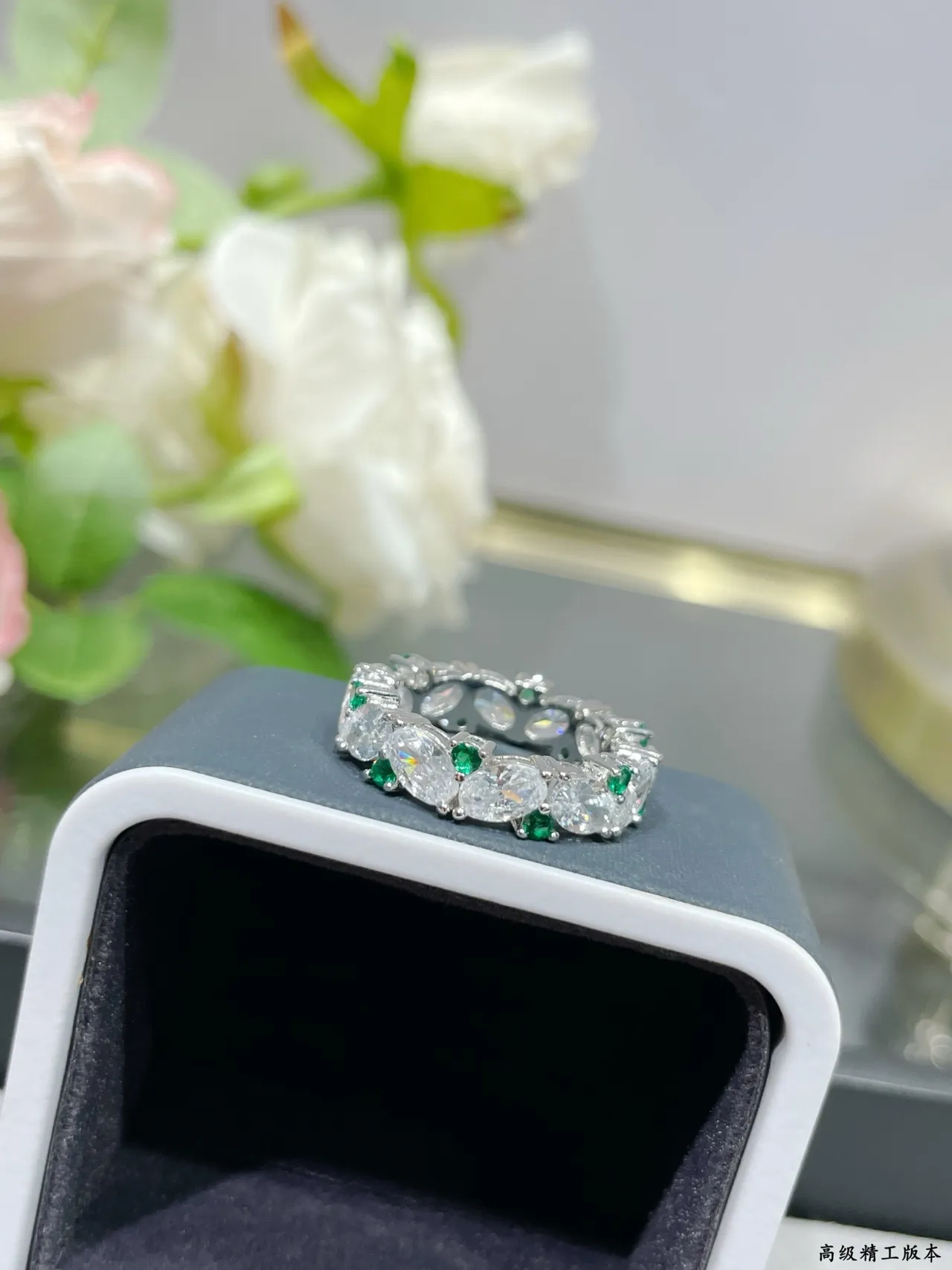 Silver-Tone Marquise and Green Stone Eternity Band Ring 3
