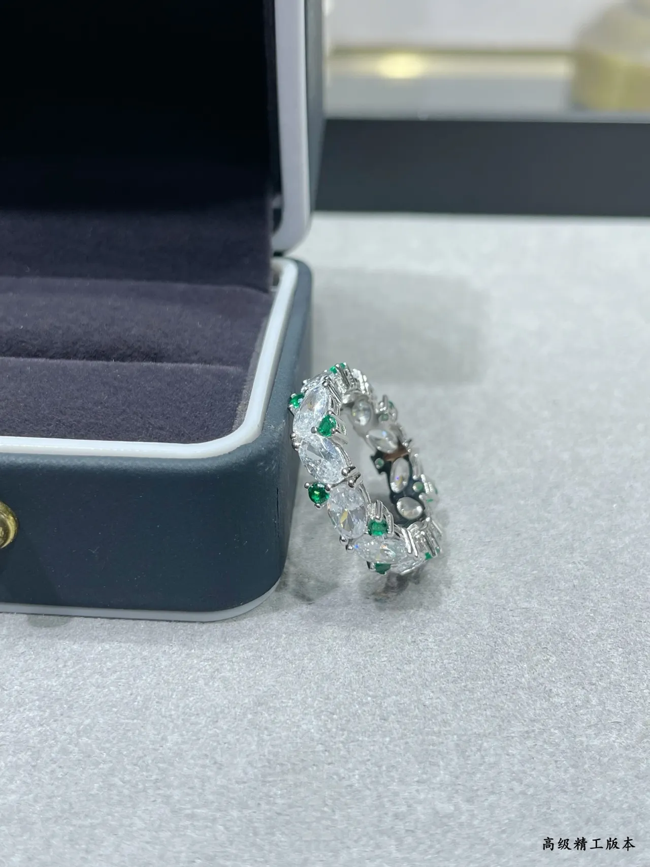 Silver-Tone Marquise and Green Stone Eternity Band Ring 4