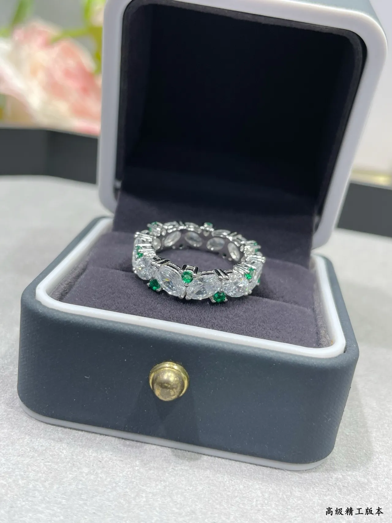Silver-Tone Marquise and Green Stone Eternity Band Ring 7