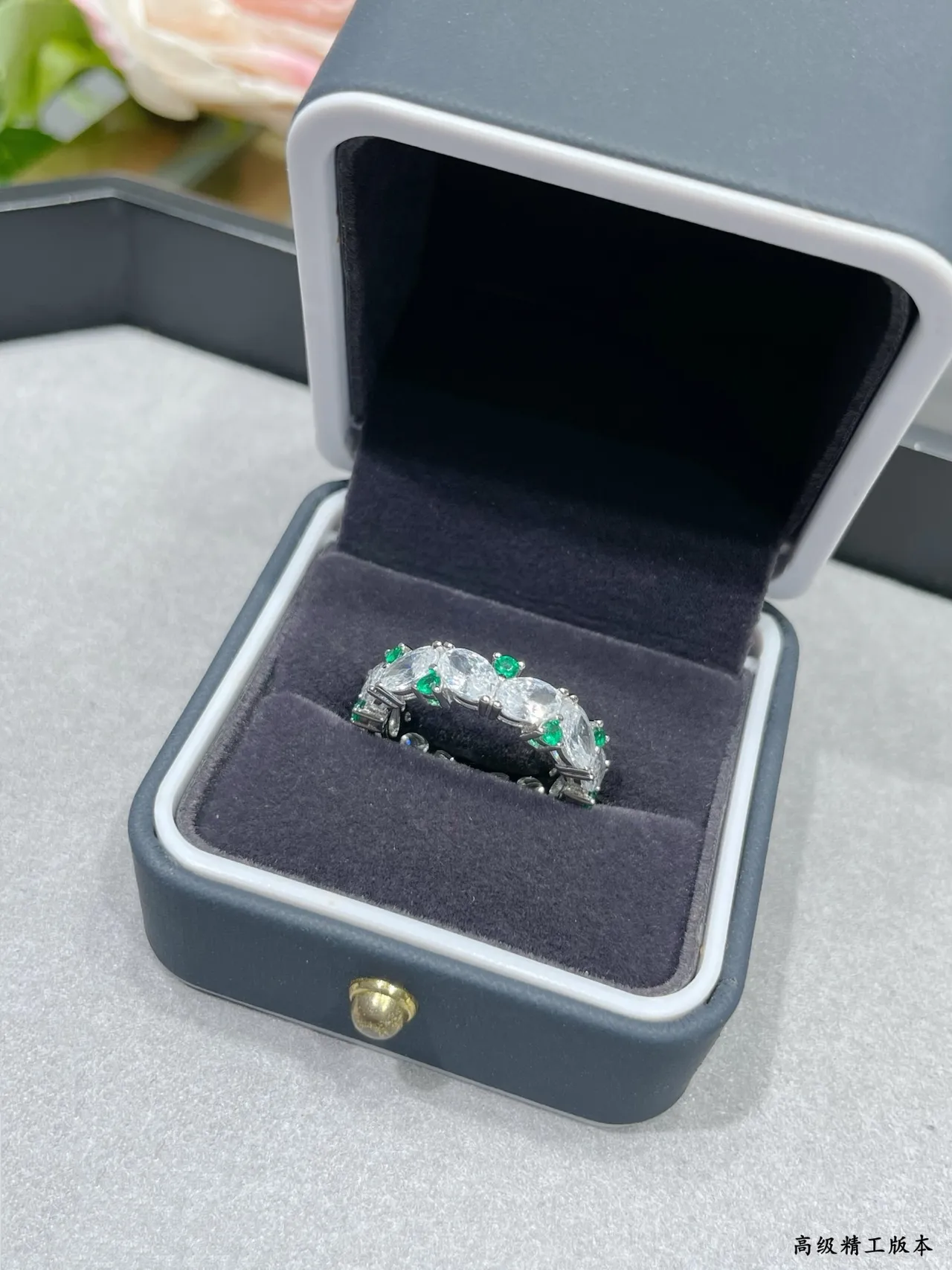 Silver-Tone Marquise and Green Stone Eternity Band Ring 8