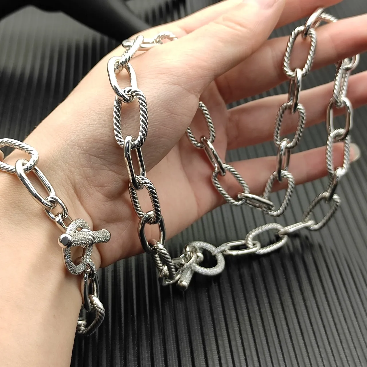 Silver-Tone Mixed Oval and Rope Link Toggle Clasp Bracelet 2