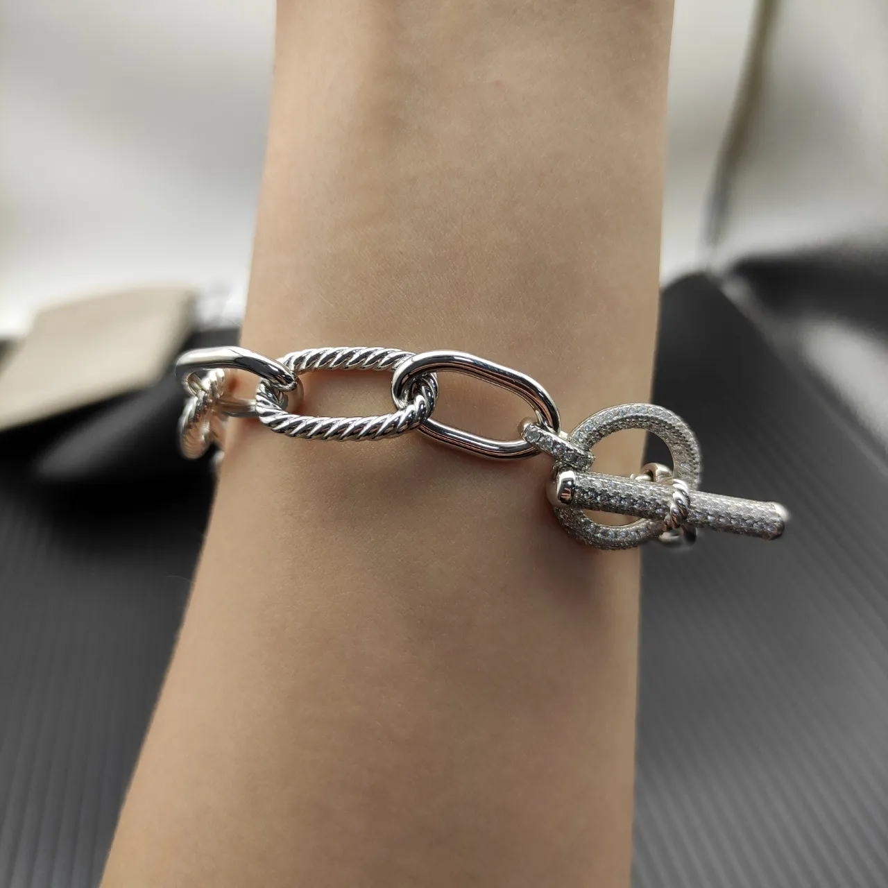 Silver-Tone Mixed Oval and Rope Link Toggle Clasp Bracelet 4