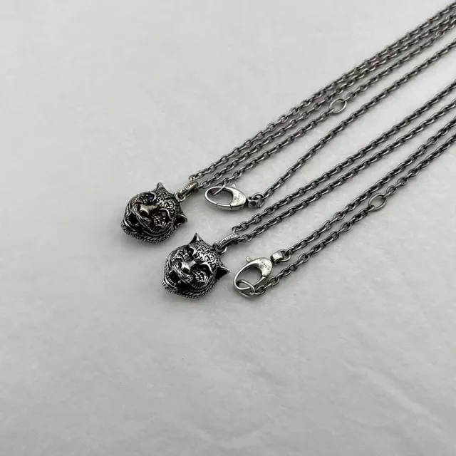 Silver-Tone Oxidized Tiger Head and Shield Pendant Necklaces 3