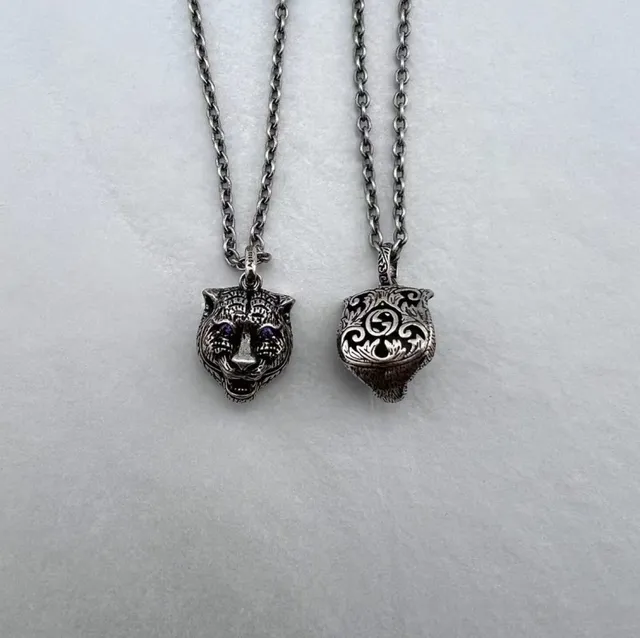 Silver-Tone Oxidized Tiger Head and Shield Pendant Necklaces 5