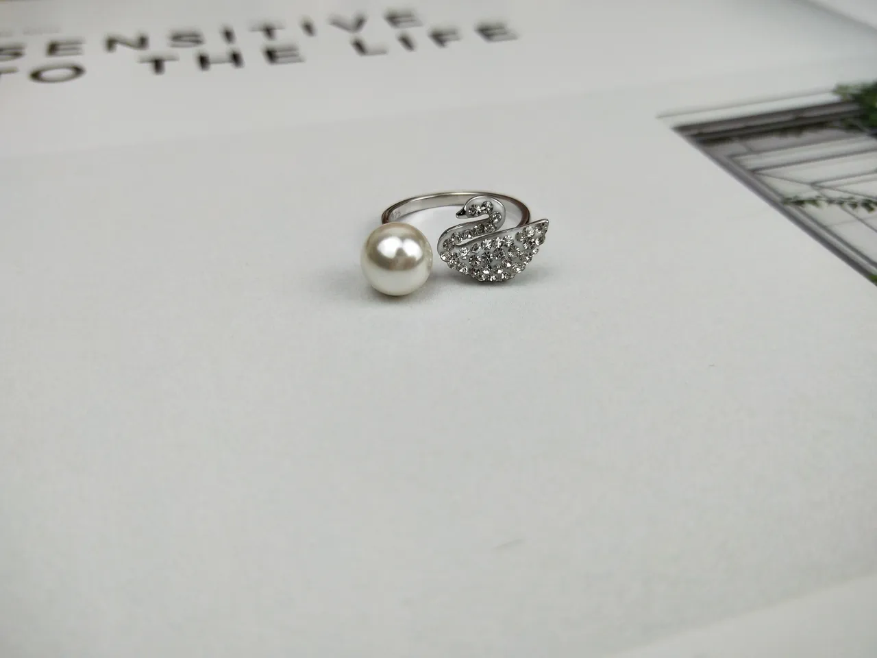 Silver-Tone Pearl and Crystal Swan Motif Open Ring 4