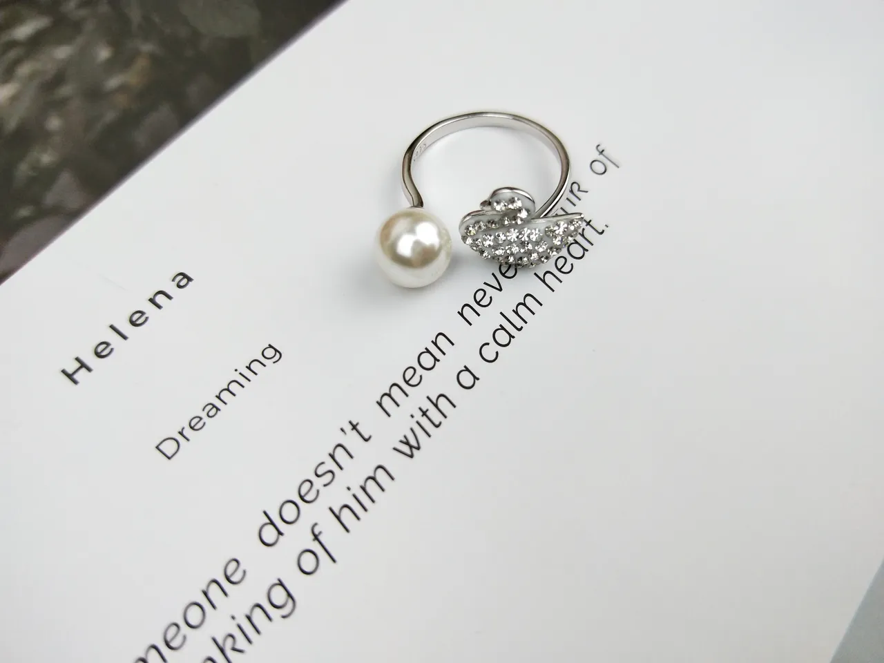 Silver-Tone Pearl and Crystal Swan Motif Open Ring 6