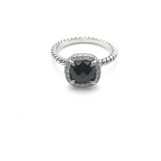 Silver-Tone Twisted Rope Band Black Cushion-Cut Halo Ring