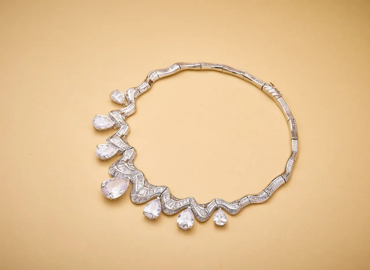 Silver Transparent Bib-Style Wavy Channel-Set Band Necklace 3