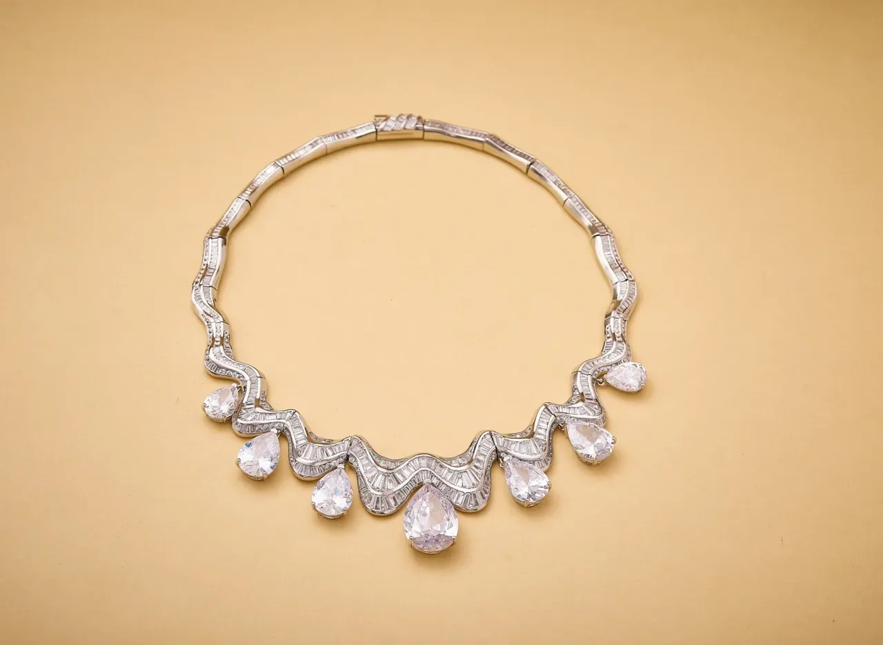 Silver Transparent Bib-Style Wavy Channel-Set Band Necklace 4