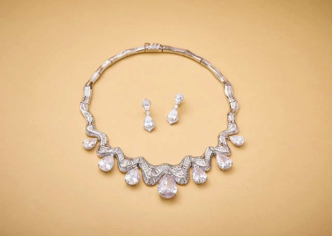 Silver Transparent Bib-Style Wavy Channel-Set Band Necklace 5