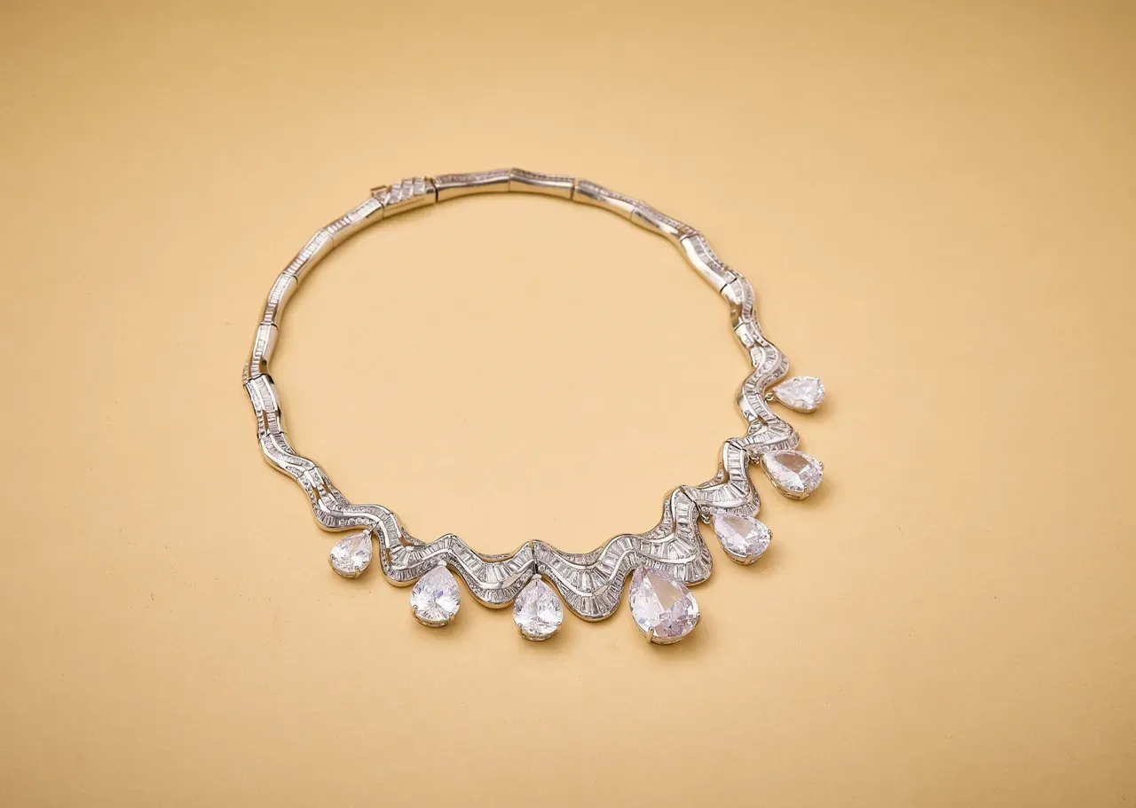 Silver Transparent Bib-Style Wavy Channel-Set Band Necklace 7