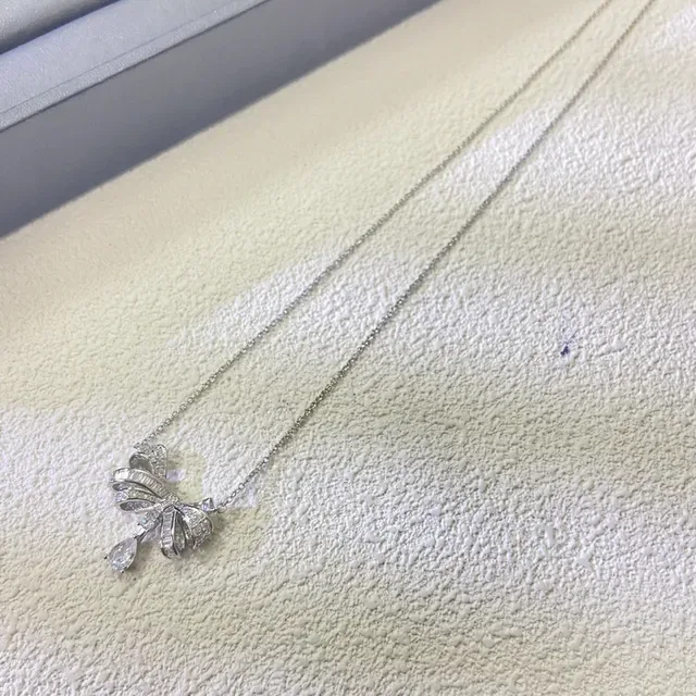 Silver White Bow-Shaped Pendant Pavé-Set Stones Necklace 2