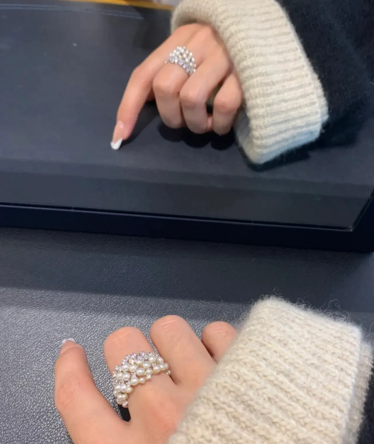 Silver White Cluster-Style Pearl-and-Crystal Ring 2