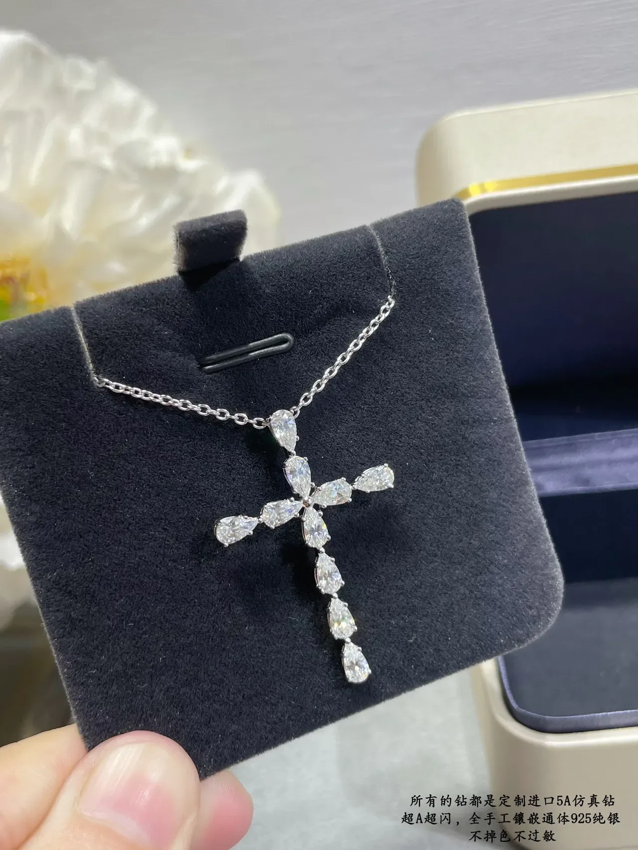 Silver White Cross-Shaped Pendant Pear-Cut Stone Setting Necklace 2