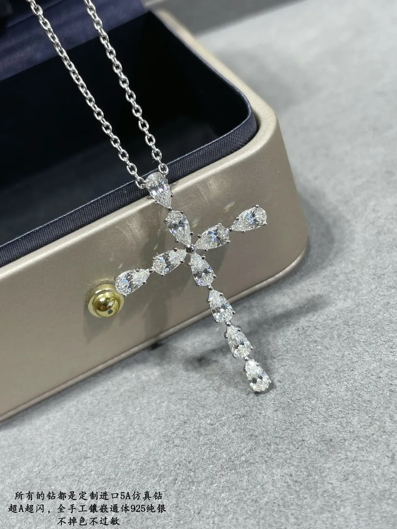 Silver White Cross-Shaped Pendant Pear-Cut Stone Setting Necklace 3