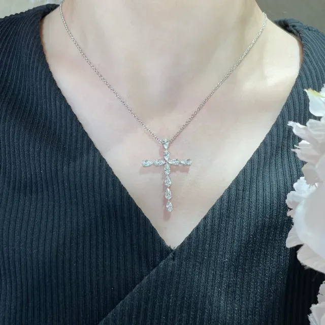 Silver White Cross-Shaped Pendant Pear-Cut Stone Setting Necklace 9