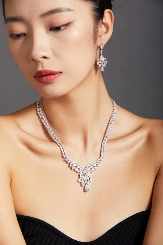 Silver White Multi-Row Pavé V-Drop Pendant Necklace 2