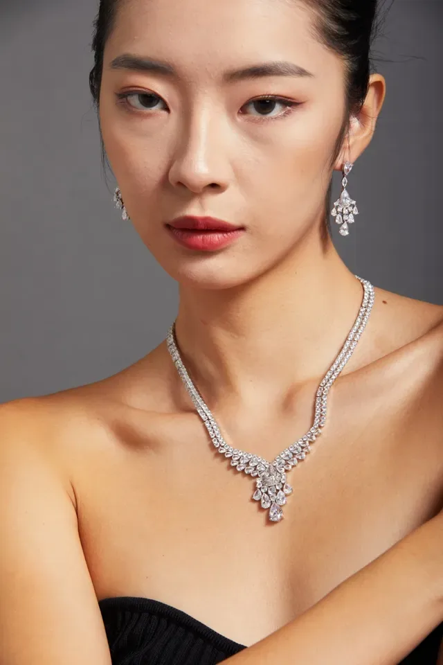 Silver White Multi-Row Pavé V-Drop Pendant Necklace 3