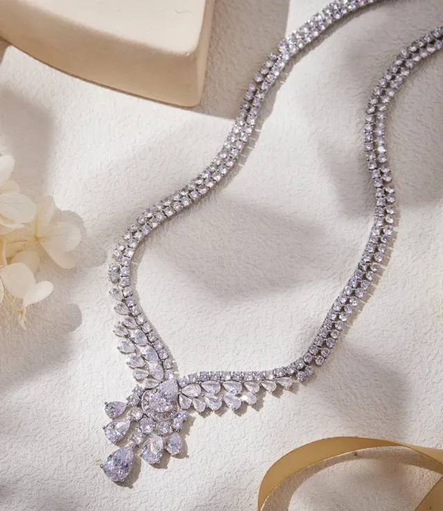 Silver White Multi-Row Pavé V-Drop Pendant Necklace 6