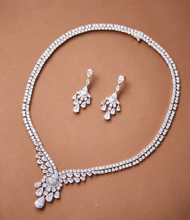 Silver White Multi-Row Pavé V-Drop Pendant Necklace 7