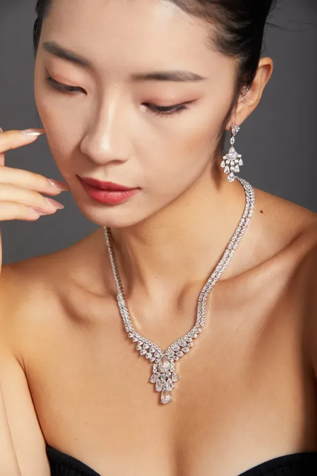 Silver White Multi-Row Pavé V-Drop Pendant Necklace 8
