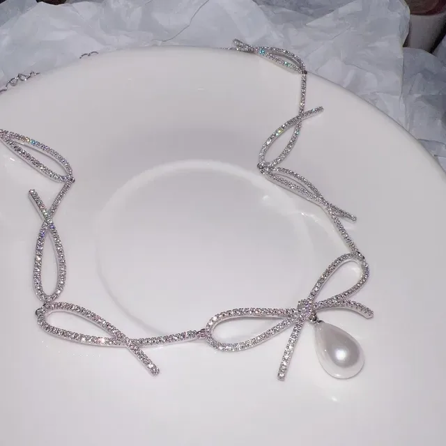 Silver White Pavé-Set Crystal Chain Bow Motif Centerpiece Necklace 6