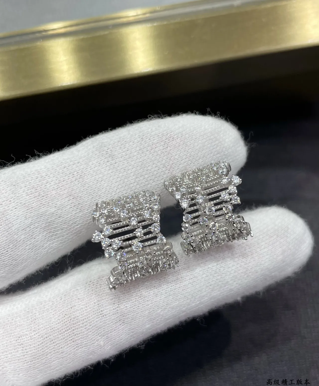 Silver White Pavé-Set Multi-Row Bar Design Earrings 7