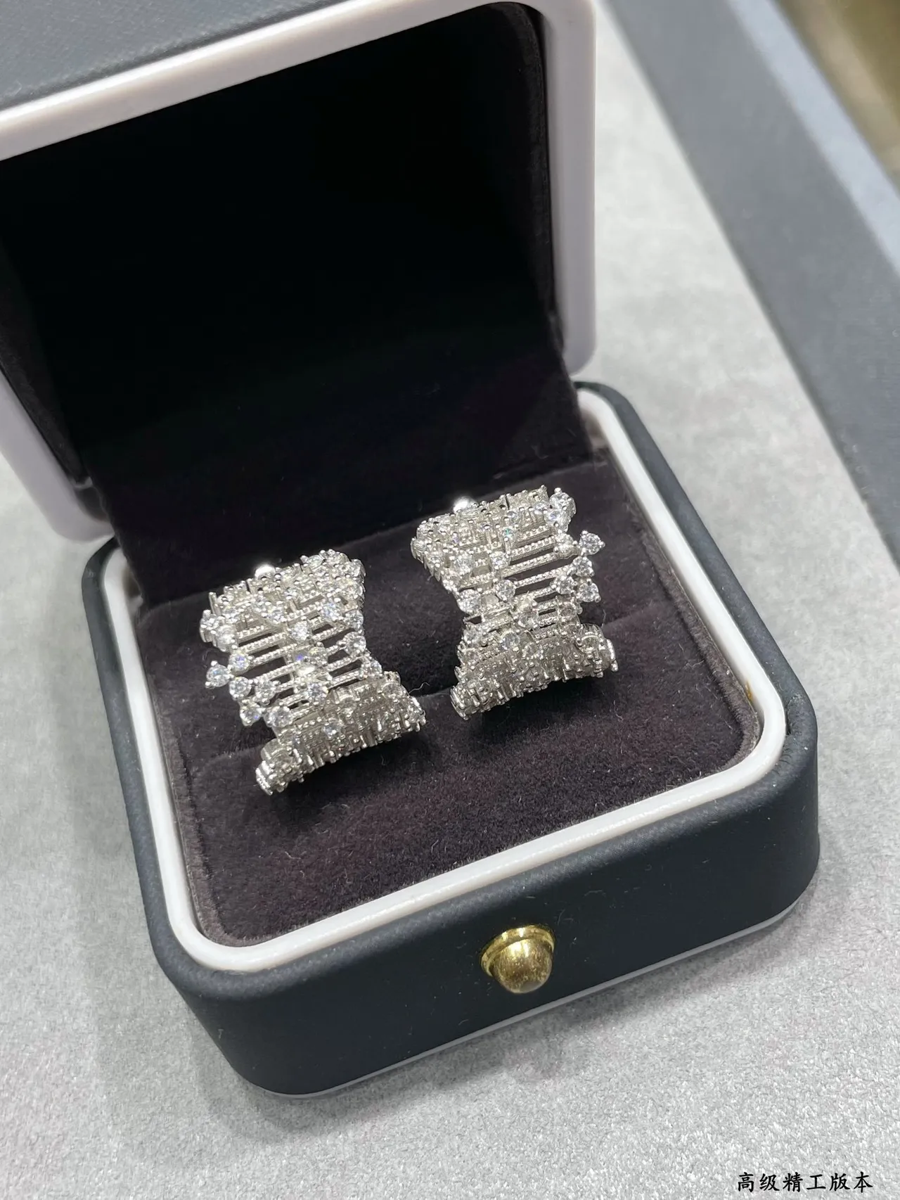 Silver White Pavé-Set Multi-Row Bar Design Earrings 8