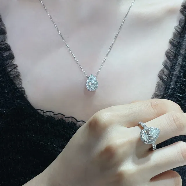 Silver White Teardrop-Cut Central Stone Halo Setting Necklace 8