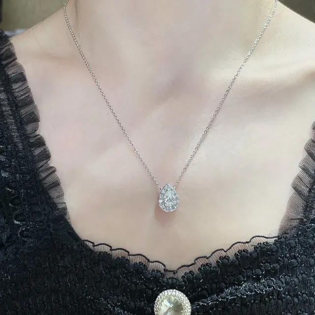 Silver White Teardrop-Cut Central Stone Halo Setting Necklace 9
