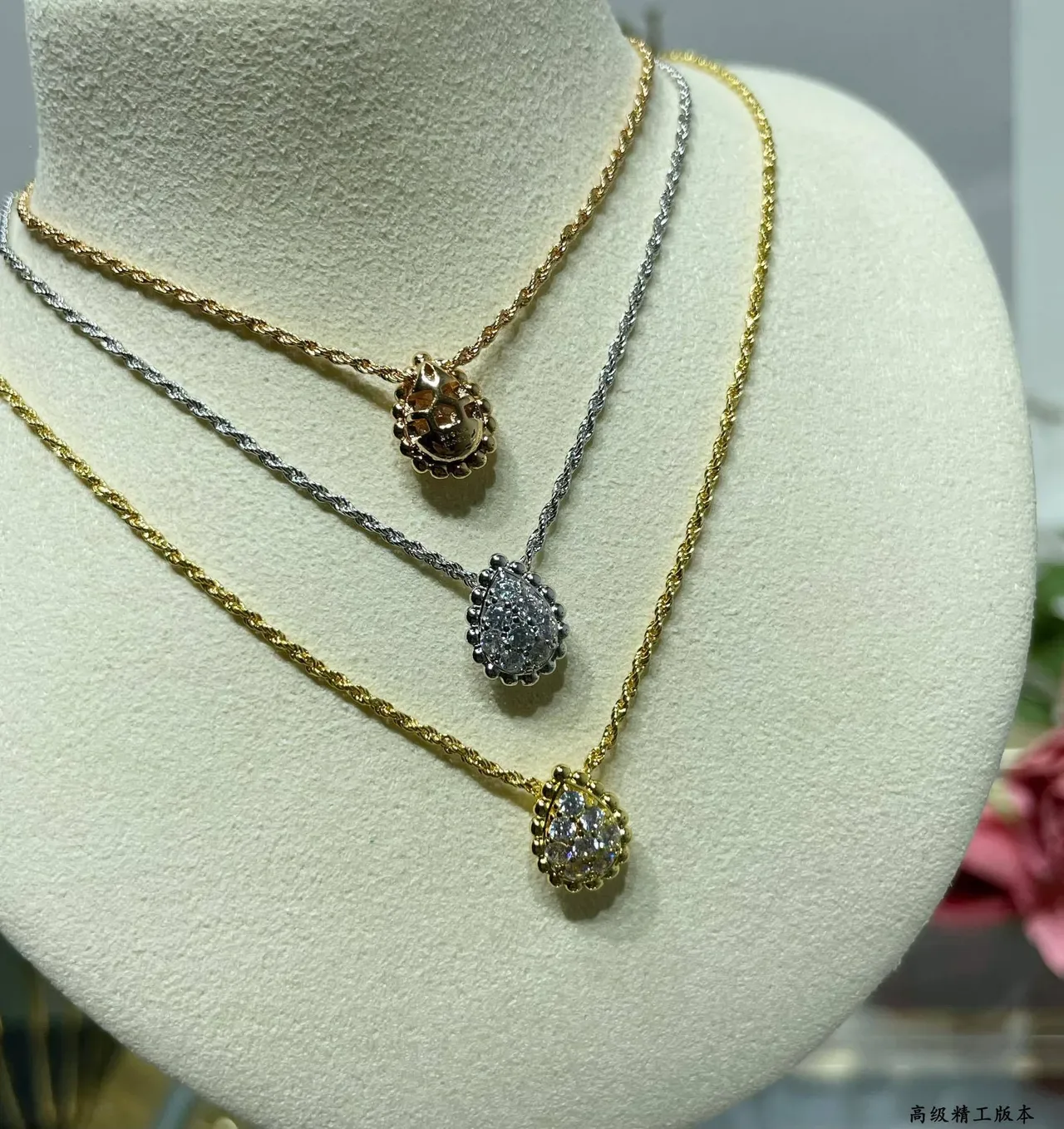 Silver White Teardrop Pendant Pave-Set Stones Necklace 7