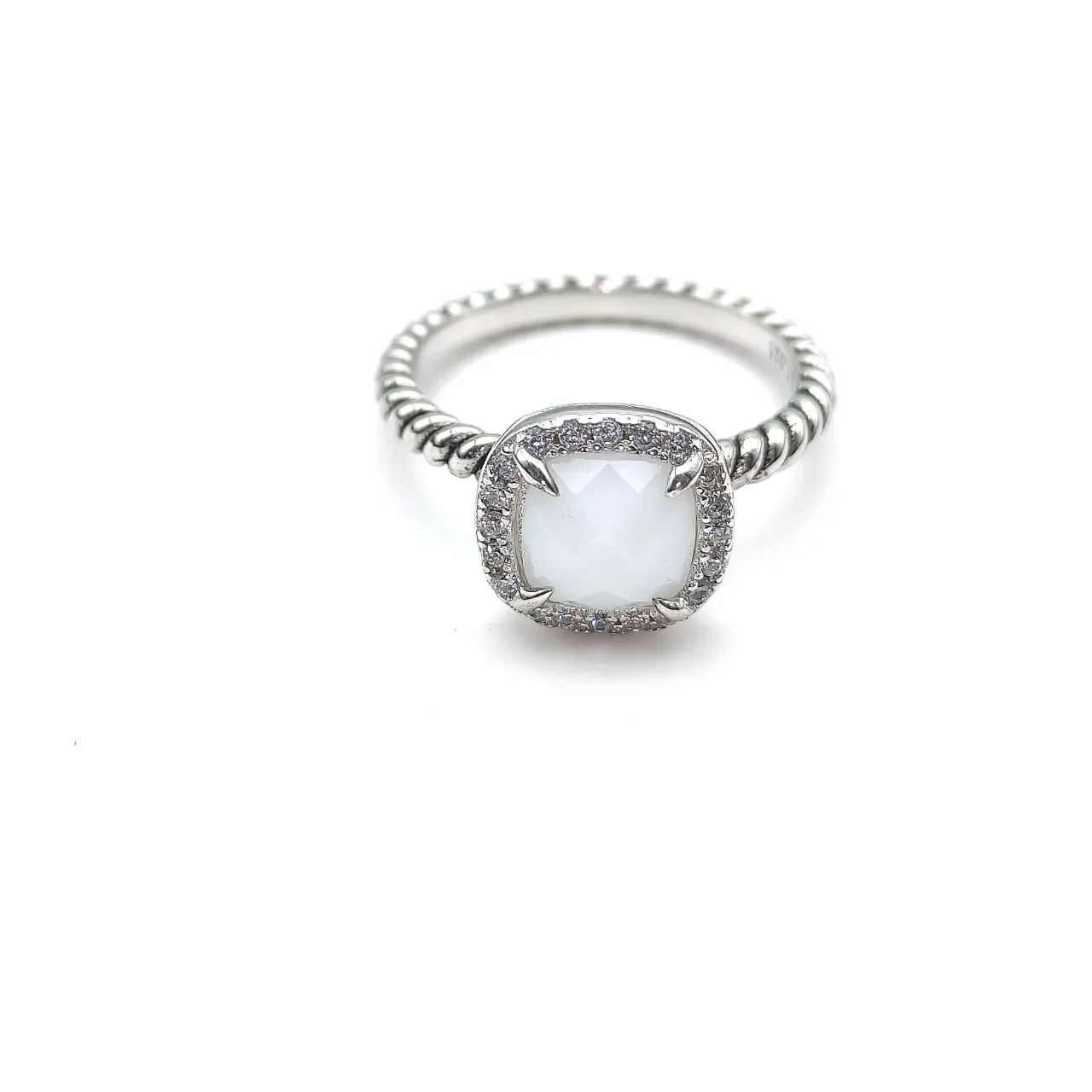 Silver White Twisted Rope Band Faceted Cabochon Ring 4