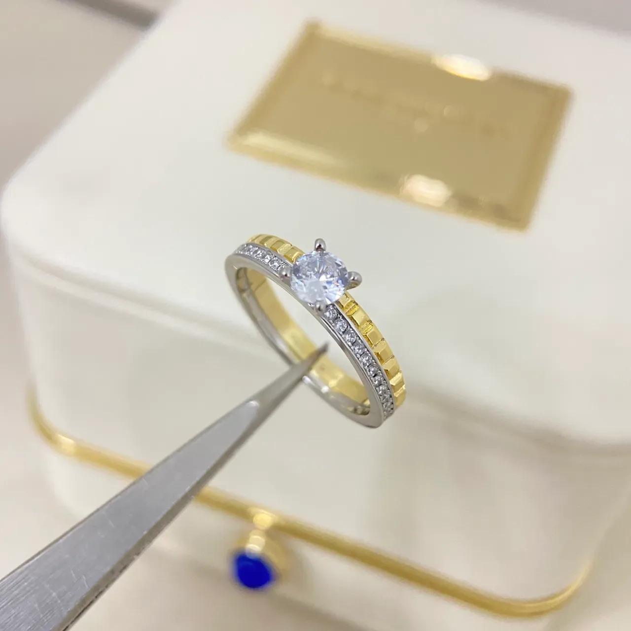 Stackable Pavé-Band Round Solitaire Two-Tone Rings 5