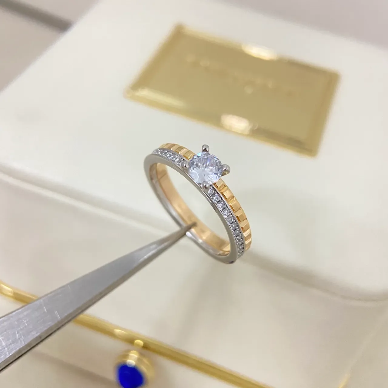 Stackable Pavé-Band Round Solitaire Two-Tone Rings 6