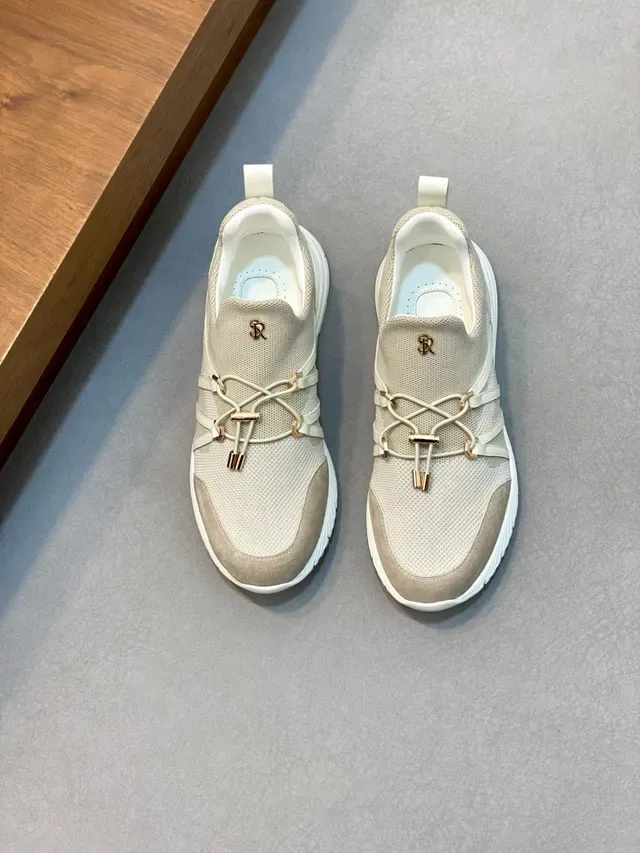 Stefano Ricci Beige White Laceless Slip-On Construction Crisscross Elastic Strap System Lifestyle Sneakers 2